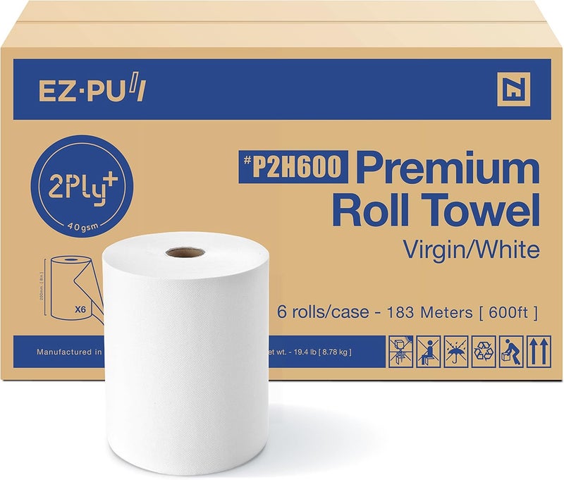 EZPULL EZbrnd Premium Soft 2ply+ Hardwound Hand Towel Roll, FSC certified, 600 ft x 6 rolls, Universal 8" x 1.5" core, P2H600 - Image 1